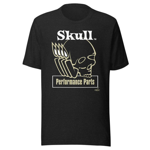 Vector graphic image by Mike Martinet of a skull with exhaust pipes coming out of its mouth on a men's t-shirt