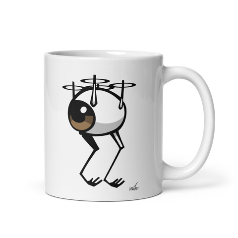White ceramic mug with an image of an eyeball as a flying drone