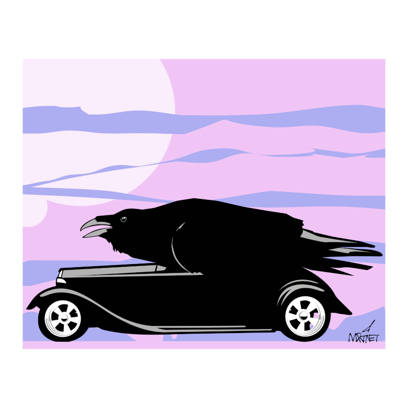 Vector graphic artwork by Mike Martinet of raven in a vintage car.