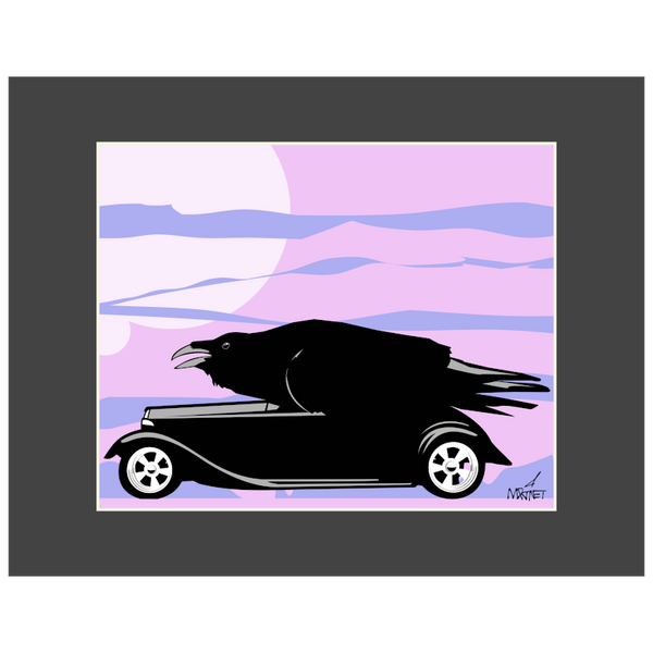 Vector graphic artwork by Mike Martinet of raven in a vintage car. Shown in a black mat.