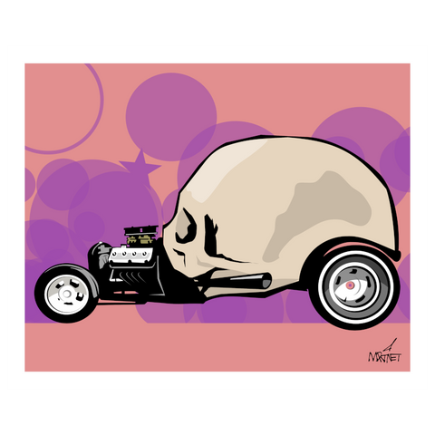 Vector graphic artwork by Mike Martinet of the top part of a skull merged with the frame, engine and wheels of a hot rod.