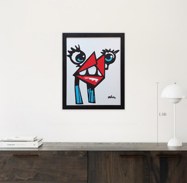 Simulated installation of framed acrylic painting by Mike Martinet of a robot-like creature with red lips, two eyes and legs