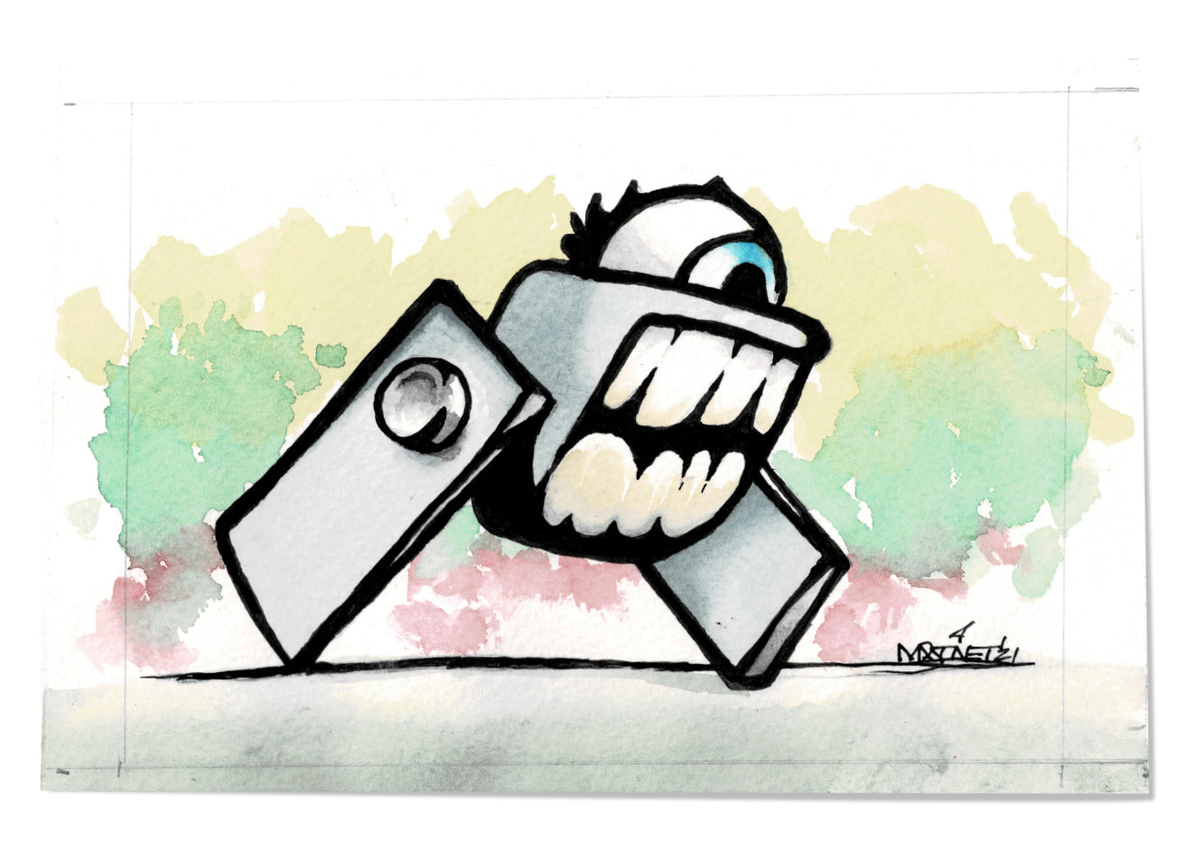 A watercolor painting depicting a squat, gray, rectangular robot with a large,
grimacing mouth full of irregularly shaped teeth. A single, wide-open eye with a blue iris and a black pupil protrudes from the top of its head, topped with a small tuft of black hair. The robot is running on two flat, rectangular legs bolted to its sides. The background is a wash of soft, mottled green, yellow, and light red watercolors, signed by the artist, Martinet