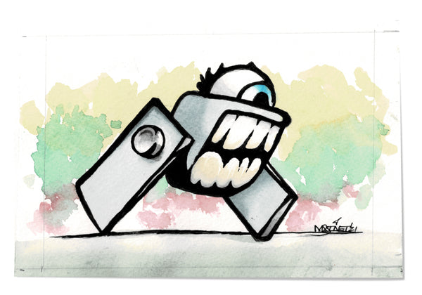 A watercolor painting depicting a squat, gray, rectangular robot with a large,
grimacing mouth full of irregularly shaped teeth. A single, wide-open eye with a blue iris and a black pupil protrudes from the top of its head, topped with a small tuft of black hair. The robot is running on two flat, rectangular legs bolted to its sides. The background is a wash of soft, mottled green, yellow, and light red watercolors, signed by the artist, Martinet