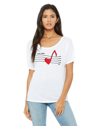 Vector graphic image by Mike Martinet of a heart-shaped musical note on a woman's top