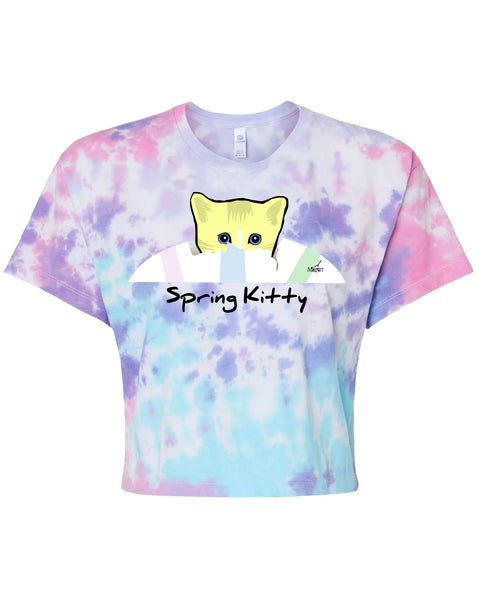 Vector graphic image by Mike Martinet of a kitten's head breaking out of an Easter egg on a tie-died women's crop-top shirt