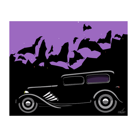 Vector graphic artwork by Mike Martinet of a vintage car with bats flying up from behind.