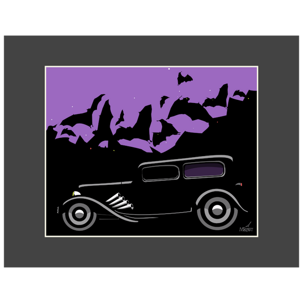 Vector graphic artwork by Mike Martinet of a vintage car with bats flying up from behind. Shown in a black mat