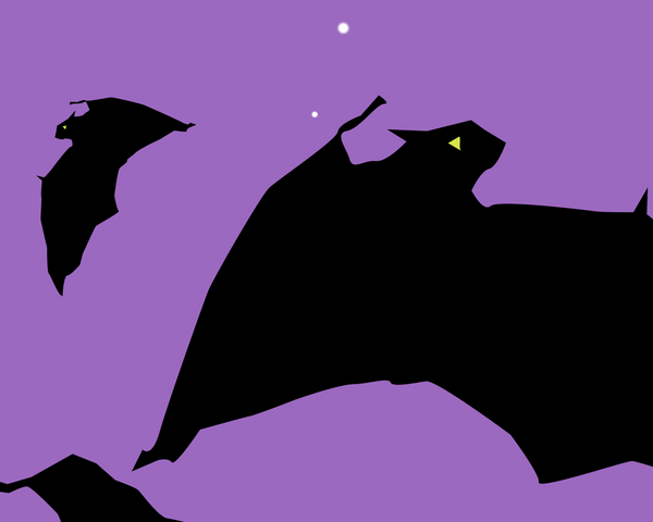 Detail from Vector graphic artwork by Mike Martinet of a vintage car with bats flying up from behind showing two bats.