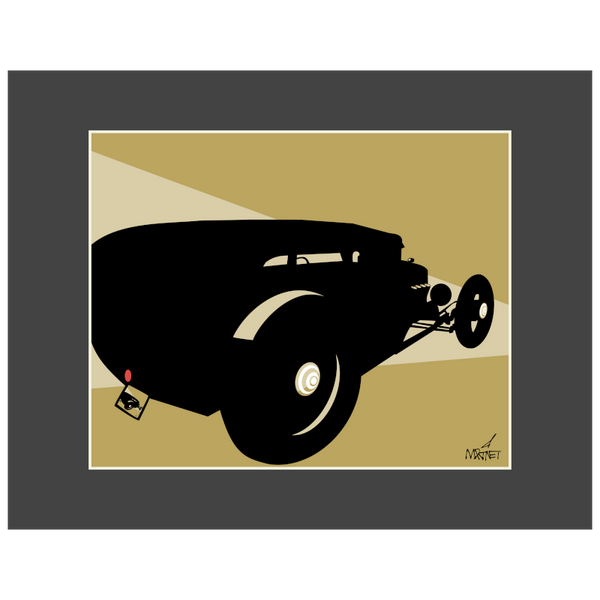 Vector graphic artwork by Mike Martinet of a lowered hot rod shown with black mat