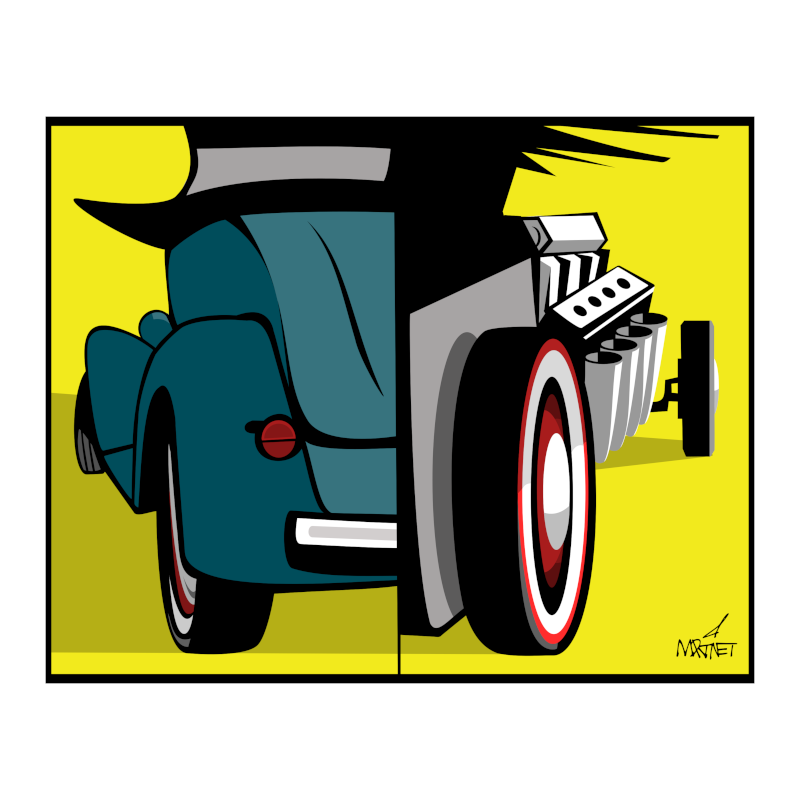 Vector graphic artwork by Mike Martinet of a Model A Ford both as Dr. Jekyll with top hat (left) and Mr. Hyde as hot rod (right)