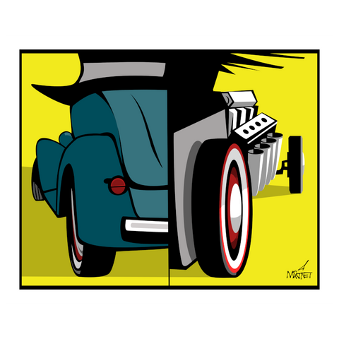 Vector graphic artwork by Mike Martinet of a Model A Ford both as Dr. Jekyll with top hat (left) and Mr. Hyde as hot rod (right)