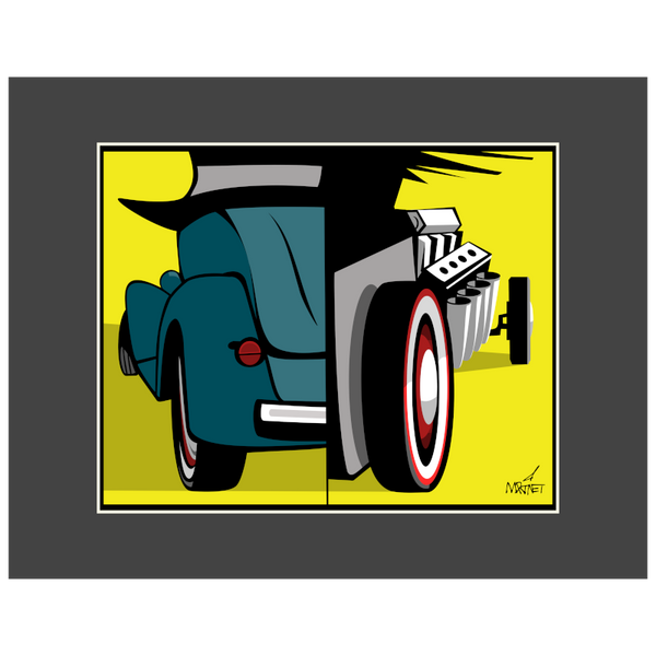 Vector graphic artwork by Mike Martinet of a Model A Ford both as Dr. Jekyll with top hat (left) and Mr. Hyde as hot rod (right). Shown with black mat.