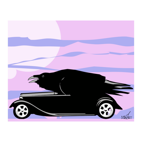 Vector graphic artwork by Mike Martinet of raven in a vintage car.