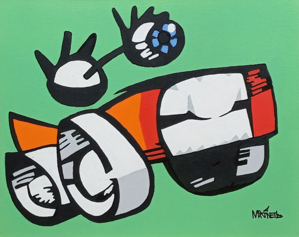 Self Driving. An acrylic painting featuring a pair of detached, stylized eyeballs floating above a car. One eyeball is facing forward, the other to the rear.  The forward-facing eyeball has long, spiky lashes on both the top and bottom, and a bright blue iris. The grill of the car is a mouth with large, white teeth. The car is copper-colored and has large, white wheels.  The image is on a soft green background. The artist's signature - MARTINET - is in the bottom right corner.