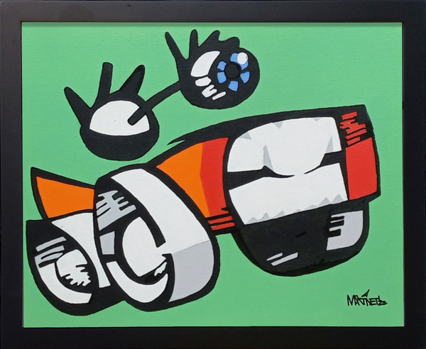 Self Driving. An acrylic painting featuring a pair of detached, stylized eyeballs floating above a car. One eyeball is facing forward, the other to the rear.  The forward-facing eyeball has long, spiky lashes on both the top and bottom, and a bright blue iris. The grill of the car is a mouth with large, white teeth. The car is copper-colored and has large, white wheels.  The image is on a soft green background. The artist's signature - MARTINET - is in the bottom right corner. Shown in a plain black  frame
