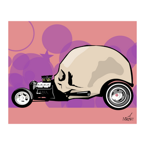 Vector graphic artwork by Mike Martinet of the top part of a skull merged with the frame, engine and wheels of a hot rod.