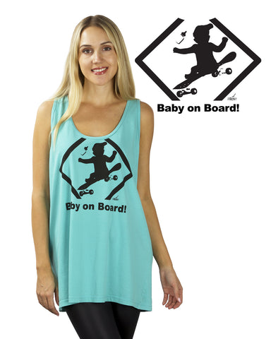 Vector graphic image by Mike Martinet of a silhouette an infant on a skateboard on a women's tank top