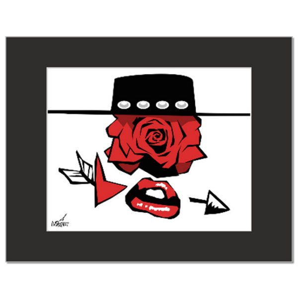 Vector graphic artwork by Mike Martinet of a bolero hat, rose, heart and arrow. Shown the black mat.