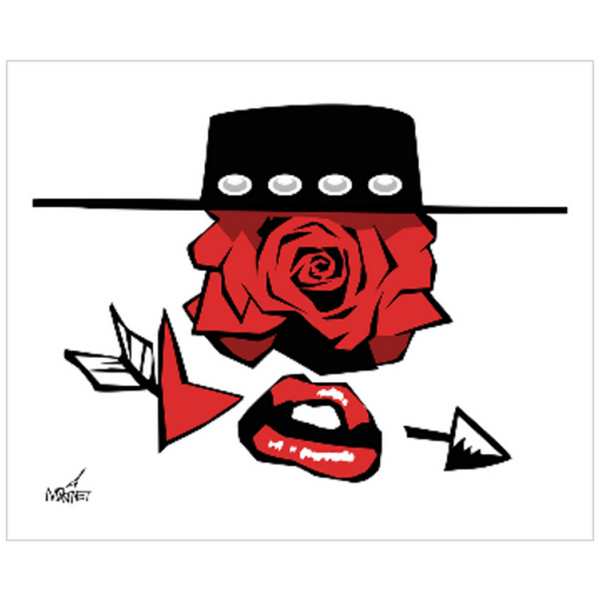 Vector graphic artwork by Mike Martinet of a bolero hat, rose, heart and arrow