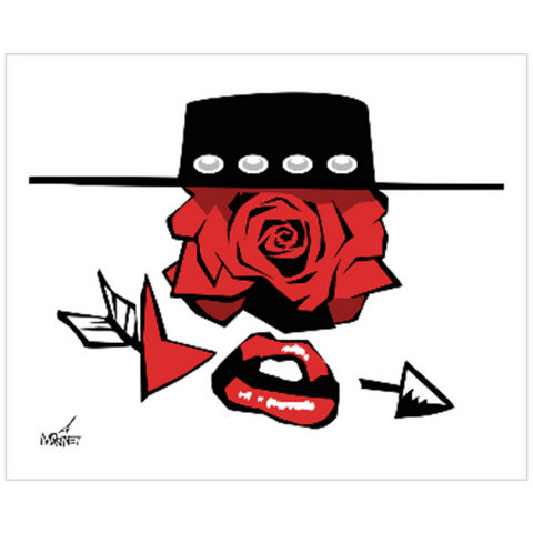 Vector graphic artwork by Mike Martinet of a bolero hat, rose, heart and arrow