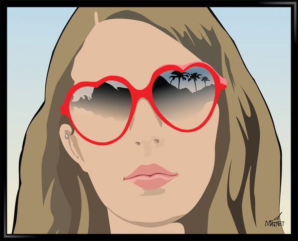 Original framed vector art print of a woman with heart-shaped sunglasses. Reflections of palm tree  visible in the lenses.