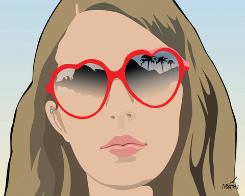 Original vector art print of a woman with heart-shaped sunglasses. Reflections of palm tree  visible in the lenses.