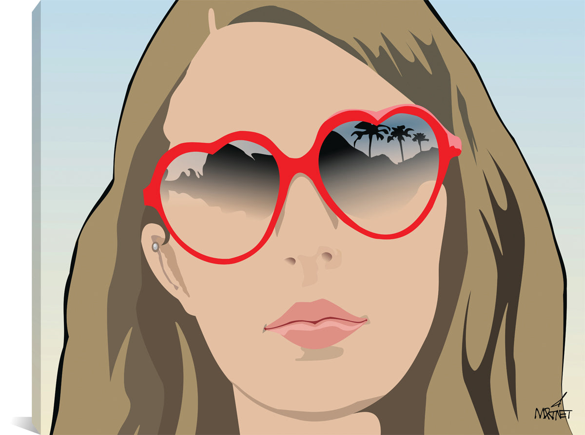 Original vector art print of a woman with heart-shaped sunglasses. Reflections of palm tree  visible in the lenses.