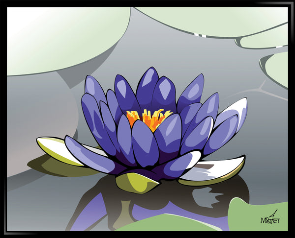 Original framed vector art print of a blue lotus flower floating in a pond.
