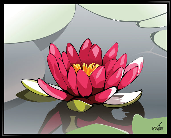 Original framed vector art print of a pink lotus flower floating in a pond.