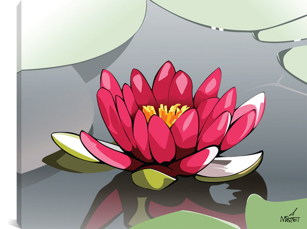 Original vector art print of a pink lotus flower floating in a pond.