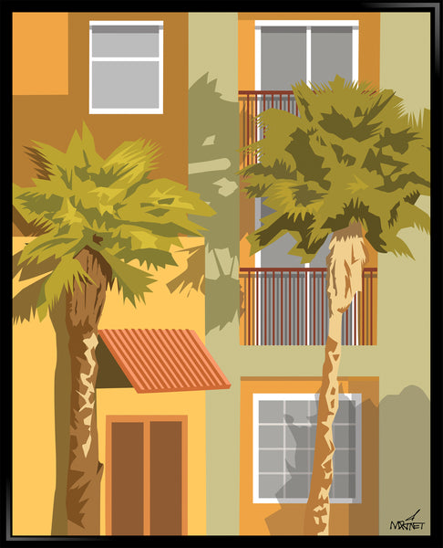Original framed vector art print of palm trees outside apartment building in Las Vegas, NV