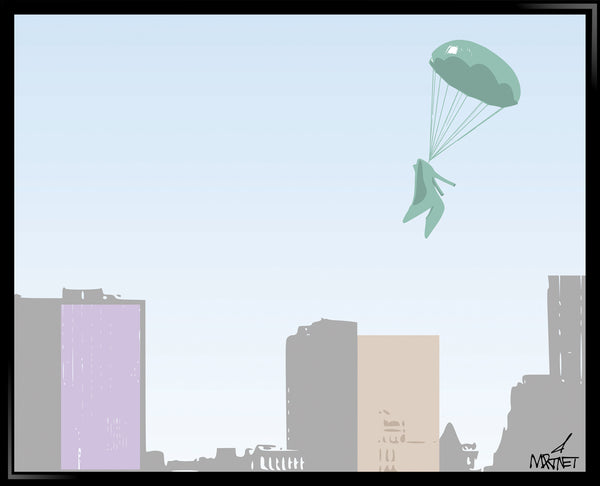 Original framed vector/pop art print of high-heel shoes parachuting into a city.