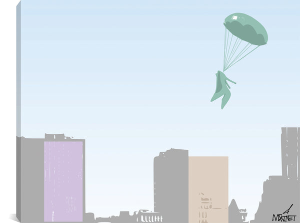 Original vector/pop art print of high-heel shoes parachuting into a city.