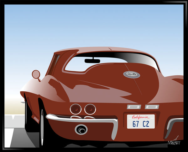Original framed vector fine art print of 1967 C2 series red Corvette.