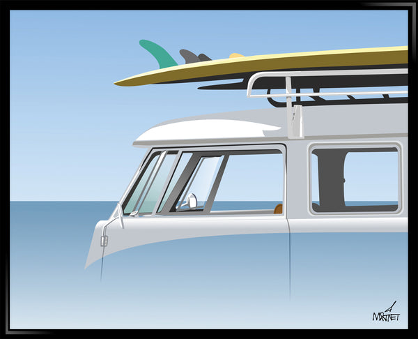 Original framed vector art print of VW bus with surfboards.