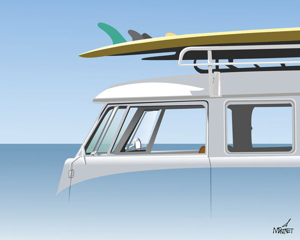 Original vector art print of VW bus with surfboards.