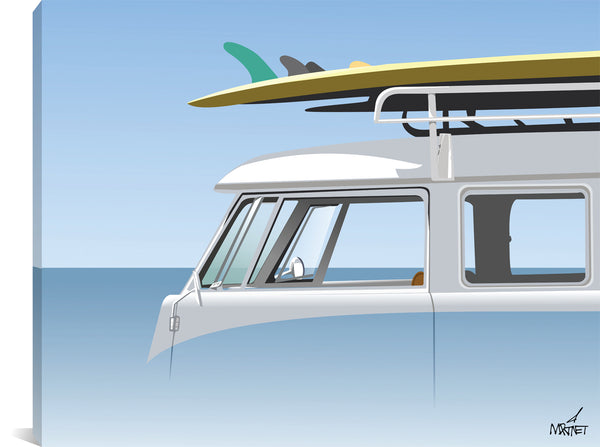 Original vector art print of VW bus with surfboards.